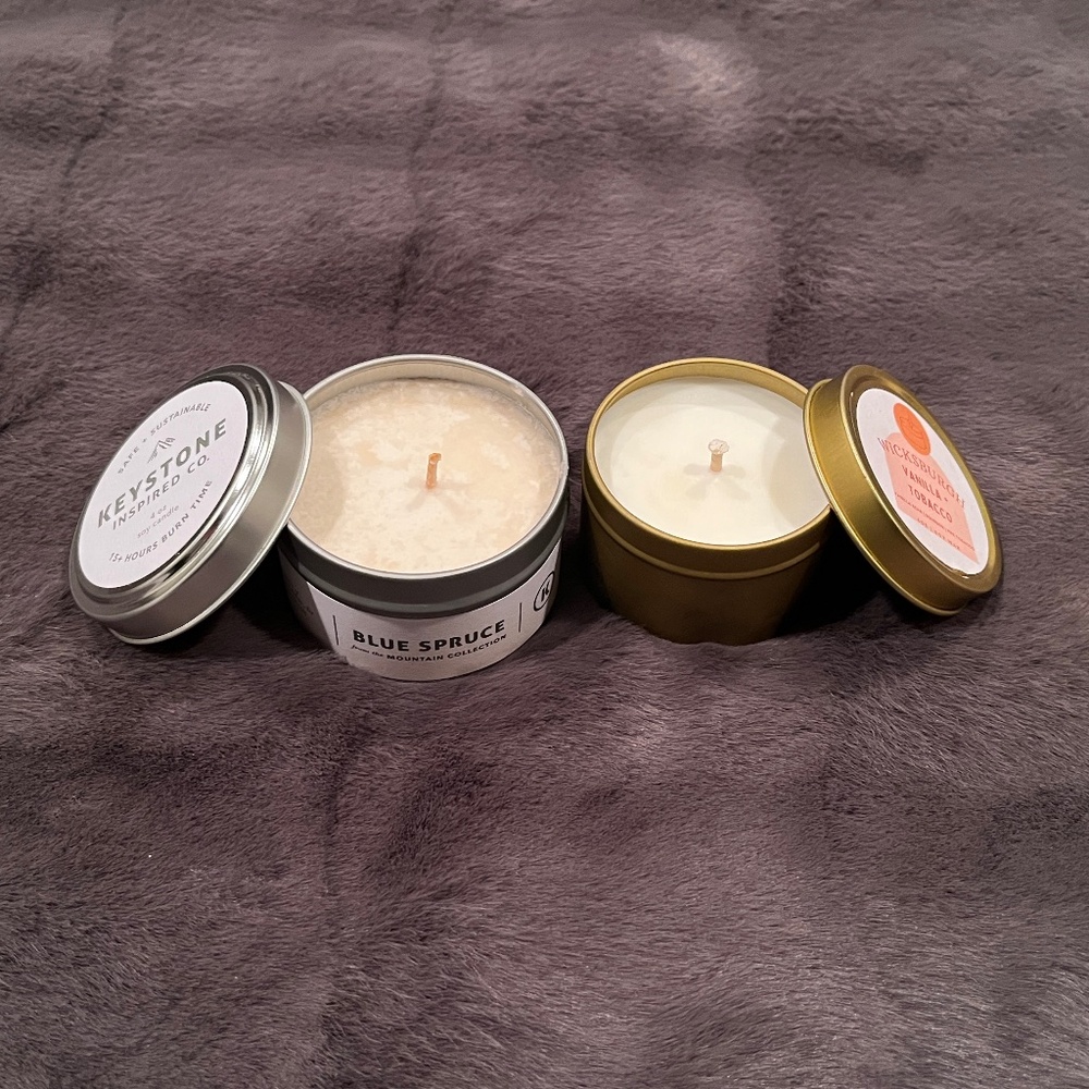Two (2) Soy Candles - Blue Spruce & Vanilla/Tobacco - Sustainable